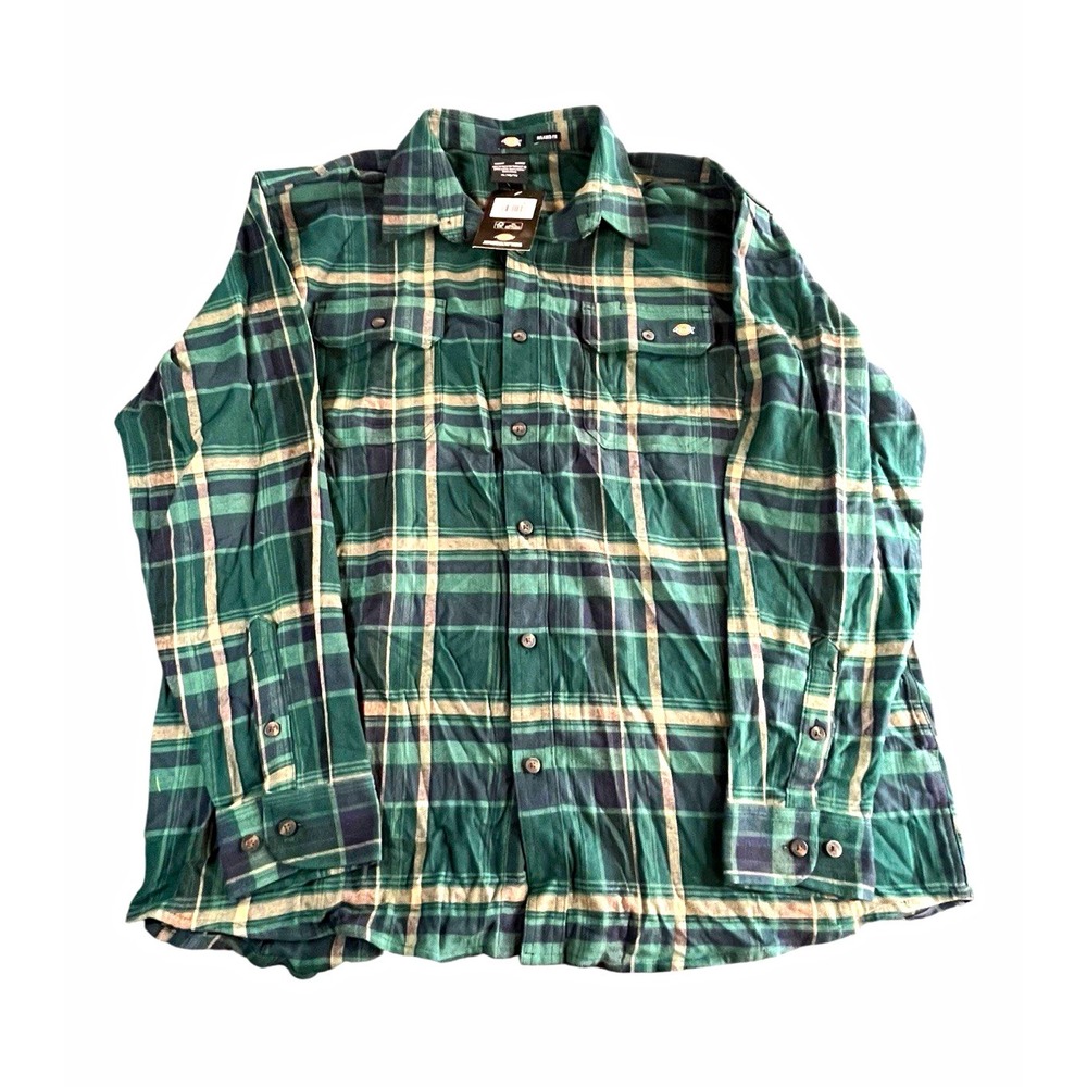Dickies Men's XL Green Beige Plaid Flannel Button Up Long Sleeve Pockets